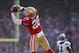 Nov 10, 2013; San Francisco, CA, USA; San Francisco 49ers defensive back Tramaine Brock (26) intercepts the ball against the Carolina Panthers during the second quarter at Candlestick Park. Mandatory Credit: Kelley L Cox-USA TODAY Sports