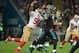 Oct 27, 2013; London, UNITED KINGDOM; Jacksonville Jaguars quarterback Chad Henne (7) is pressured by San Francisco 49ers linebacker Corey Lemonier (96) during an International Series game at Wembley Stadium. Mandatory Credit: Bob Martin-USA TODAY Sports