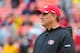 Jan 22, 2012; San Francisco, CA, USA; San Francisco 49ers defensive coordinator Vic Fangio (left) and offensive coordinator Greg Roman (right) watch warm ups before the 2011 NFC Championship game against the New York Giants at Candlestick Park. Mandatory