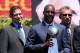 Montana and Young alongside receiver Jerry Rice at Bill Walsh's memorial.