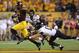 TEMPE, AZ - OCTOBER 12: Wide receiver Jaelen Strong #21 of the Arizona State Sun Devils runs with the football past defensive back Parker Orms #13 of the Colorado Buffaloes en route to scoring on a 69 yard touchdown reception during the first quarter of