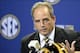 Dec 6, 2013; Atlanta, GA, USA; Missouri Tigers head coach Gary Pinkel addresses the media at a press conference as his team prepares to meet the Auburn Tigers in the SEC Championship Game tomorrow at the Georgia Dome. Mandatory Credit: John David Mercer-
