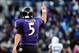 Nov 24, 2013; Baltimore, MD, USA; Baltimore Ravens quarterback Joe Flacco (5) reacts after throwing a 66 yard touchdown pass in the third quarter against the New York Jets at M&T Bank Stadium. The Ravens won 19-3. Mandatory Credit: Evan Habeeb-USA TODAY S