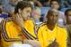 Oct 8, 2013; Ontario, CA, USA; Los Angeles Lakers forward Pau Gasol (left) and guard Kobe Bryant react during the game against the Denver Nuggets at Citizens Business Bank Arena. The Lakers defeated the Nuggest 90-88. Mandatory Credit: Kirby Lee-USA TODAY