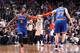 NEW YORK, NY - DECEMBER 5: Teammates J.R. Smith #8 of the New York Knicks and Andrea Bargnani #77 of the New York Knicks high five during a game against the Brooklyn Nets at Barclays Center on December 5, 2013 in the Brooklyn borough of New York City. NO