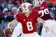 Nov 23, 2013; Stanford, CA, USA; Stanford Cardinal quarterback Kevin Hogan (8) drops back for a pass during the second quarter in a game against the California Golden Bears at Stanford Stadium. Stanford won 63-13. Mandatory Credit: Bob Stanton-USA TODAY S
