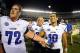 Aug 31, 2013; San Diego, CA, USA; Eastern Illinois Panthers quarterback Jimmy Garoppolo (10) and Alex Pierce (72) celebrate following a 40-18 win against the San Diego State Aztecs at Qualcomm Stadium. Mandatory Credit: Christopher Hanewinckel-USA TODAY S