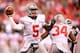Dec 7, 2013; Indianapolis, IN, USA; Ohio State Buckeyes quarterback Braxton Miller (5) throws a pass during the third quarter of the 2013 Big 10 Championship game against the Michigan State Spartans at Lucas Oil Stadium. Mandatory Credit: Andrew Weber-USA