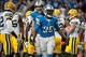 Nov 28, 2013; Detroit, MI, USA; Detroit Lions running back Joique Bell (35) reacts during the first quarter against the Green Bay Packers during a NFL football game on Thanksgiving at Ford Field. Mandatory Credit: Tim Fuller-USA TODAY Sports