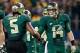 Nov 16, 2013; Arlington, TX, USA; Baylor Bears quarterback Bryce Petty (14) congratulates wide receiver Antwan Goodley (5) during the game against the Texas Tech Red Raiders at AT&T Stadium. Baylor beat Texas Tech 63-34. Mandatory Credit: Tim Heitman-USA