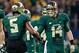 Nov 16, 2013; Arlington, TX, USA; Baylor Bears quarterback Bryce Petty (14) congratulates wide receiver Antwan Goodley (5) during the game against the Texas Tech Red Raiders at AT&T Stadium. Baylor beat Texas Tech 63-34. Mandatory Credit: Tim Heitman-USA