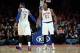 Dec 6, 2013; New York, NY, USA; New York Knicks small forward Carmelo Anthony (7) and small forward Metta World Peace (51) celebrate against the Orlando Magic during the second half at Madison Square Garden. The Knicks won the game 121-83. Mandatory Credi