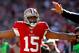 Dec 8, 2013; San Francisco, CA, USA; San Francisco 49ers wide receiver Michael Crabtree (15) looks for a penalty flag after attempting to catch a pass against the Seattle Seahawks in the second quarter at Candlestick Park. Mandatory Credit: Cary Edmondson