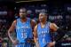 NEW ORLEANS, LA - DECEMBER 06: Kevin Durant #35 and Russell Westbrook #0 of the Oklahoma City Thunder look on against the New Orleans Pelicans during an NBA game on December 6, 2013 at the New Orleans Arena in New Orleans, Louisiana. NOTE TO USER: User ex
