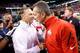 INDIANAPOLIS, IN - DECEMBER 07: Head coach Mark Dantonio of the Michigan State Spartans shakes hands with head coach Urban Meyer of the Ohio State Buckeyes after defeating the Buckeyes 34-24 to win the Big 10 Conference Championship Game at Lucas Oil Stad