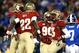 CHARLOTTE, NC - DECEMBER 07: Linebacker Telvin Smith #22 and defensive back Jalen Ramsey #13 of the Florida State Seminoles celebrate a defensive play against the Duke Blue Devils during the ACC Championship game at Bank of America Stadium on December 7,