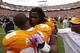 KNOXVILLE, TN - OCTOBER 19: Antonio Richardson #74 and Malik Brown #90 of the Tennessee Volunteers celebrate after the game against the South Carolina Gamecocks at Neyland Stadium on October 19, 2013 in Knoxville, Tennessee. Tennessee won 23-21. (Photo by