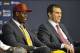 Jun 28, 2013; Independence, OH, USA; Cleveland Cavaliers first round pick Anthony Bennett sits with general manager Chris Grant during a press conference at Cleveland Clinic Courts. Mandatory Credit: David Richard-USA TODAY Sports