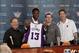 Jun 28, 2013; Phoenix, AZ, USA; Phoenix Suns president of basketball operations Lon Babby , first round draft choice Archie Goodwin , general manager Ryan McDonough , and head coach Jeff Hornacek pose for a photo at a press conference at US Airways Center