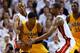 MIAMI, FL - JUNE 03: Paul George #24 of the Indiana Pacers looks to pass against Ray Allen #34 and Chris Bosh #1 of the Miami Heat during Game Seven of the Eastern Conference Finals of the 2013 NBA Playoffs at AmericanAirlines Arena on June 3, 2013 in Mi