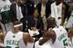 BOSTON - NOVEMBER 2: Members of the Boston Celtics including, Paul Pierce #34 and Kevin Garnett #5, listen to instructions by head coach Doc Rivers during a game against the Washington Wizards at the TD Banknorth Garden on November 2, 2007 in Boston, Mas