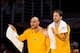 LOS ANGELES, CA - DECEMBER 18: Pau Gasol #16 and Robert Sacre #50 of the Los Angeles Lakers cheer their teammates on from the sideline against the Charlotte Bobcats at Staples Center on December 18, 2012 in Los Angeles, California. NOTE TO USER: User expr