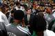 BOSTON, MA - OCTOBER 23: Head Coach Brad Stevens of the Boston Celtics talks with the team before the game against the Brooklyn Nets on October 23, 2013 at the TD Garden in Boston, Massachusetts. NOTE TO USER: User expressly acknowledges and agrees that