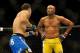 Jul 6, 2013; Las Vegas, NV, USA; Chris Weidman, blue shorts, defeated Anderson Silva (yellow shorts) in the second round with a TKO in their Middleweight Chamionship Bout at the MGM Grand Garden Arena. Mandatory Credit: Jayne Kamin-Oncea-USA TODAY Sports