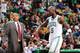 BOSTON, MA - APRIL 7: Head Coach Doc Rivers and Kevin Garnett #5 of the Boston Celtics high five after a play against the Washington Wizards on April 7, 2013 at the TD Garden in Boston, Massachusetts. NOTE TO USER: User expressly acknowledges and agrees