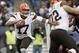 Dec 8, 2013; Foxborough, MA, USA; Cleveland Browns quarterback Jason Campbell (17) is pressured out of the pocket during the third quarter against the New England Patriots at Gillette Stadium. Mandatory Credit: Stew Milne-USA TODAY Sports
