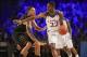 Nov 30, 2013; Paradise Island, BAHAMAS; Kansas Jayhawks guard Andrew Wiggins (22) dribbles past UTEP Miners guard McKenzie Moore (13) during the first half at the 2013 Battle 4 Atlantis in the Imperial Arena at the Atlantis Resort. Mandatory Credit: Kevi