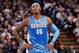 SACRAMENTO, CA - DECEMBER 28: Carmelo Anthony #15 of the Denver Nuggets bites his cheeks during a break in action against the Sacramento Kings on December 28, 2009 at ARCO Arena in Sacramento, California. NOTE TO USER: User expressly acknowledges and agre