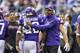 ARLINGTON, TX - NOVEMBER 3: Head Coach Leslie Frazier congratulates Adrian Peterson #28 of the Minnesota Vikings after a touchdown against the Dallas Cowboys at AT&T Stadium on November 3, 2013 in Arlington, Texas. The Cowboys defeated the Vikings 27-2