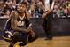 PORTLAND, OR - DECEMBER 2: Paul George #24 of the Indiana Pacers kneels on the court against the Portland Trail Blazers on December 2, 2013 at the Moda Center Arena in Portland, Oregon. NOTE TO USER: User expressly acknowledges and agrees that, by downlo