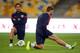 KIEV, UKRAINE - SEPTEMBER 09: Frank Lampard and Steven Gerrard of England look on during a training session at the Olympic Stadium on September 9, 2013 in Kiev, Ukraine. (Photo by Clive Rose/Getty Images)