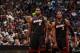 MINNEAPOLIS, MN - DECEMBER 7: LeBron James #6 and Dwyane Wade #3 of the Miami Heat look on against the Minnesota Timberwolves during the game on December 7, 2013 at Target Center in Minneapolis, Minnesota. NOTE TO USER: User expressly acknowledges and agr