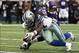 Nov 3, 2013; Arlington, TX, USA; Dallas Cowboys receiver Dwayne Harris (17) dives for the game winning touchdown in the fourth quarter against Minnesota Vikings cornerback Marcus Sherels (35) at AT&T Stadium. The Cowboys beat the Vikings 27-23. Mandatory