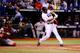 Delmon Young gets a hit during Game Three of the ALDS against Boston.