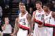 PORTLAND, OR - DECEMBER 2: Mo Williams #25, Meyers Leonard #11 and Dorell Wright #1 of the Portland Trail Blazers walk against the Indiana Pacers on December 2, 2013 at the Moda Center Arena in Portland, Oregon. NOTE TO USER: User expressly acknowledges a