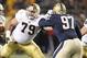 Nov 9, 2013; Pittsburgh, PA, USA; Notre Dame Fighting Irish offensive linesman Steve Elmer (79) blocks against Pittsburgh Panthers defensive lineman Aaron Donald (97) during the first quarter at Heinz Field. PITT won 28-21. Mandatory Credit: Charles LeCla