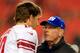 LANDOVER, MD - DECEMBER 01: Head coach Tom Coughlin of the New York Giants talks with Eli Manning #10 on the field prior to their game against the Washington Redskins at FedExField on December 1, 2013 in Landover, Maryland. (Photo by Rob Carr/Getty Imag