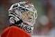 September 27, 2013; Raleigh, NC, USA; Carolina Hurricanes goalie Anton Khudobin (31) looks on before the start of the game against the Buffalo Sabres at PNC Center. The Hurricanes defeated the Sabres 1-0. Mandatory Credit: James Guillory-USA TODAY Sport