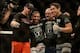 Apr 20, 2013; San Jose, CA, USA; Chad Mendes celebrates after defeating Darren Elkins (not pictured) during the featherweight bout prelims of the UFC on Fuel TV at HP Pavilion. Mandatory Credit: Kyle Terada-USA TODAY Sports