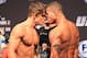 Aug 27, 2013; Indianapolis, IN, USA; Roger Bowling (left) and Abel Trujillo during weigh-ins for the upcoming UFC Fight Night 27 at Bankers Life Fieldhouse. Mandatory Credit: Pat Lovell-USA TODAY Sports
