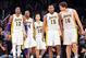 Jan 27, 2013; Los Angeles, CA, USA; Los Angeles Lakers center Dwight Howard (12), shooting guard Kobe Bryant (24), point guard Steve Nash (10), small forward Metta World Peace (15) and power forward Pau Gasol (16) during a stoppage in play against the Okl