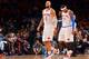 NEW YORK, NY - NOVEMBER 5: (L-R) Tyson Chandler #6 and Carmelo Anthony #7 of the New York Knicks walk on the court against the Charlotte Bobcats during the game on November 5, 2013 at Madison Square Garden in New York City, New York. NOTE TO USER: User ex