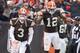 CLEVELAND, OH - DECEMBER 1: Quarterback Brandon Weeden #3 and wide receiver Josh Gordon #12 of the Cleveland Browns celebrate after Gordon scored a touchdown on a pass from Weeden during the second half against the Jacksonville Jaguars at FirstEnergy Stad