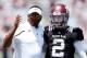 COLLEGE STATION, TX - APRIL 13: Head coach Kevin Sumlin of the Texas A&M Aggies chats with his quarterback Johnny Manziel #2 before the Maroon & White spring football game at Kyle Field on April 13, 2013 in College Station, Texas. (Photo by Scott Haller