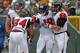 GREEN BAY, WI - DECEMBER 08: Drew Davis #19 of the Atlanta Falcons is congratulated by teammates (L-R) Peter Konz #66, Roddy White #84 and Joe Hawley #61 after scoring a touchdown against the Green Bay Packers at Lambeau Field on December 8, 2013 in Gree