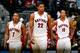ATLANTA, GA - NOVEMBER 01: Rudy Gay #22, Kyle Lowry #7 and DeMar DeRozan #10 of the Toronto Raptors react in the final seconds of their 102-95 loss to the Atlanta Hawks at Philips Arena on November 1, 2013 in Atlanta, Georgia. NOTE TO USER: User express